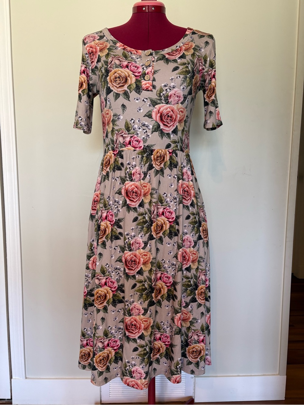 Kindred/Dwelling Antique Floral Midi Dress - Taupe with Pink Rose Print